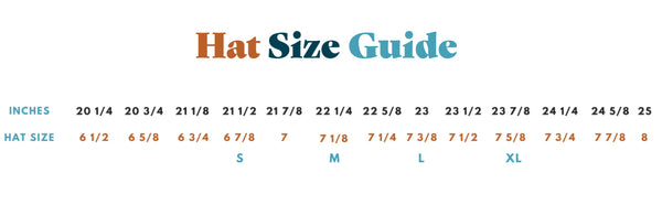 Hat Size Guide Small: 6 7/8 = 20 1/4 inches, Medium: 7 1/8 = 22 1/4 inches, Large: 7 3/8 = 23 inches, X-Large: 7 5/8 23 7/8 inches