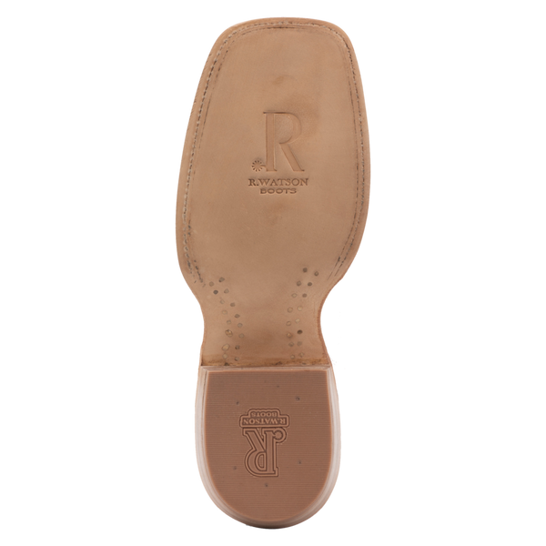 R. WATSON MEN'S ROUGHOUT RHUBARB BOOT, underside sole view with R. Watson Boots logo stamp