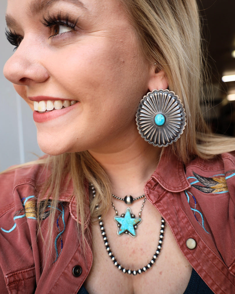 EXTRA LARGE CONCHO WITH TURQUOISE OVAL POST EARRINGS