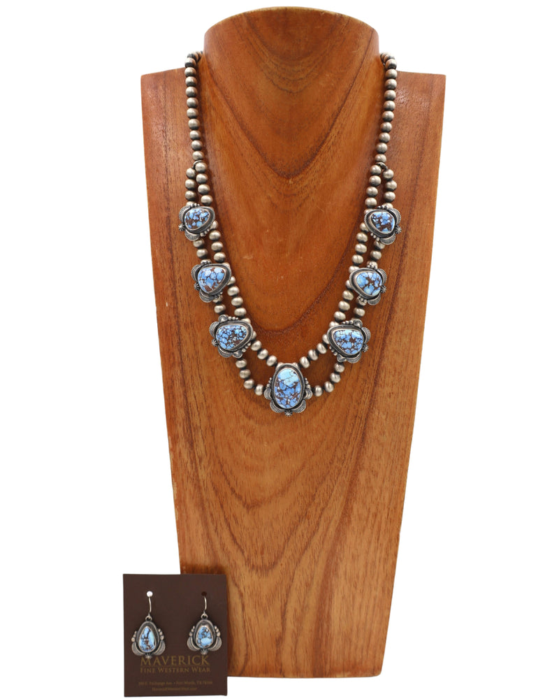 Light Blue and Brown Turquoise on Navajo Pearls Necklace and Earring Set