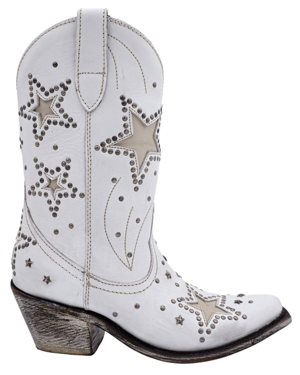 White cowboy boot with with tan stars and bordered by studs