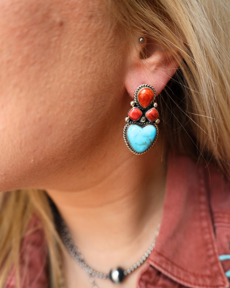 TURQUOISE HEART WITH THREE RED SPINY OYSTER DOTS EARRINGS