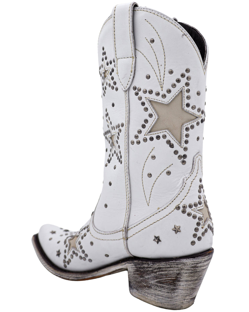White cowboy boot with with tan stars and bordered by studs