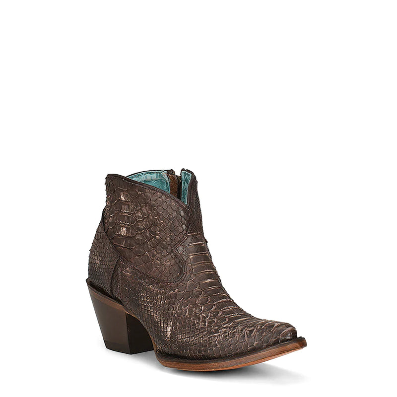 CORRAL WOMEN'S DISTRESSED CHOCOLATE FULL PYTHON BOOTIE SIDE ZIP J TOE